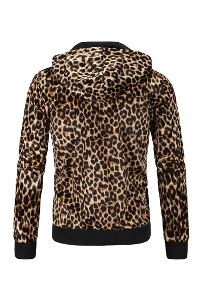 Slimming Leopard Print Long Sleeve Zip Up Pullover Hoodie