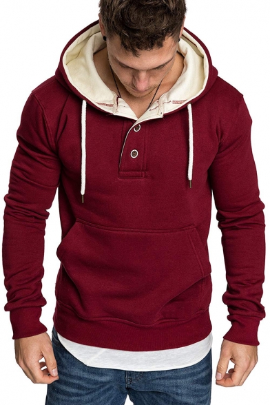 Solid Color Button Fly Front Contrast Hood Long Sleeve Slim Fit Hoodie