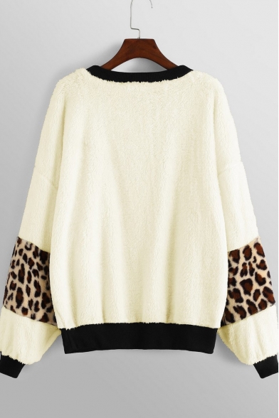Stylish Round Neck Leopard Pattern Long Sleeves Loose Leisure Apricot Sweatshirt