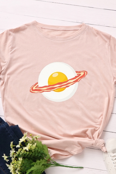Summer Fashionable Egg and Bacon Cartoon Pattern Short Sleeve Casual Top T-Shirt