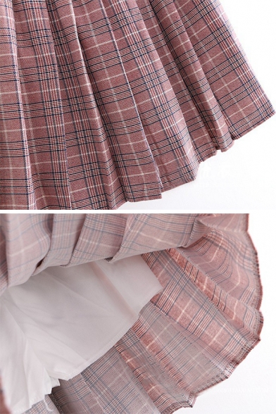 Sweet Style Check Pattern Bow Elastic Waist Mini Pleated Skirt