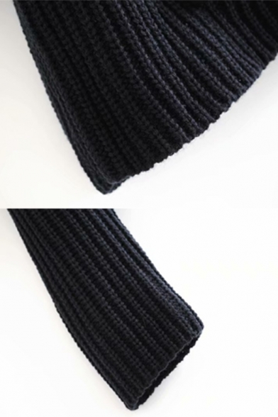 Winter Warm Turtle Neck Flap Pocket Long Sleeve Solid Color Black Short Sweater
