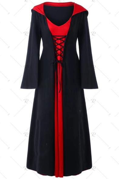 Women's Color Block Lace Up Patchwork Long Sleeve Hooded Maxi Halloween Robe Dress