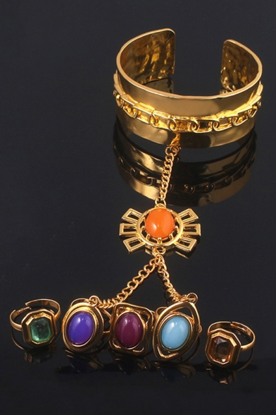 Womens Stylish Colorful Gemstone Studded Gold Hand Chain Bracelet