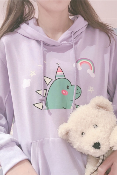 Cartoon Rainbow Animal Painted Solid Color Drawstring Hood Loose Relaxed Hoodie with Pocket