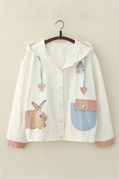 Cute Rabbit Embroidery Color Block Flap Pocket Hooded Casual Jacket