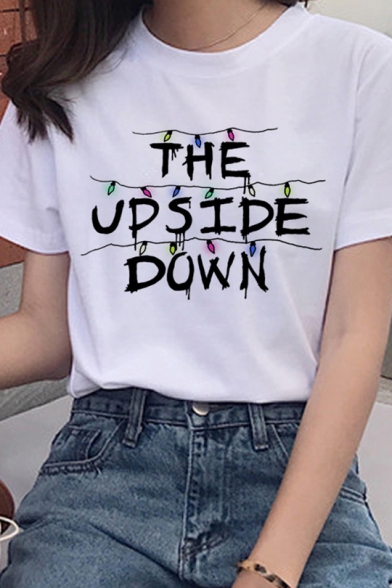 

Fancy Letter THE UPSIDE DOWN Colorful Light Pattern White T-Shirt for Ladies, LC566383