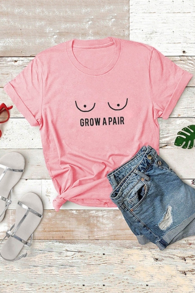 GROW A PAIR Letter Eyes Printed Rolled Short Sleeve Plain Unisex T Shirt