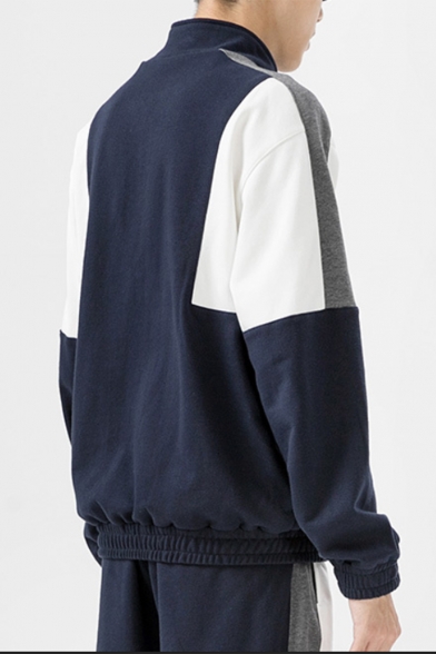 Guys New Trendy Colorblock Print Stand Collar Long Sleeve Running Pullover Sweatshirt