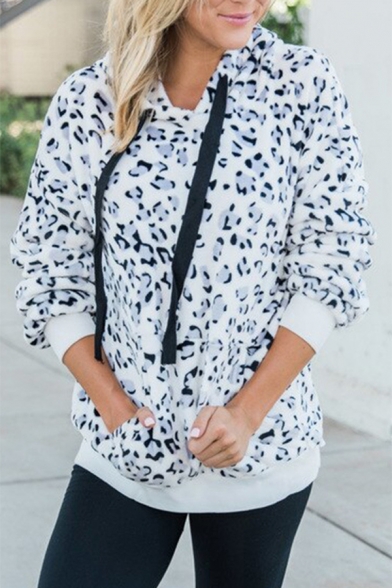 New Stylish Leopard Pattern Patchwork Long Sleeves White Fluffy Hoodie