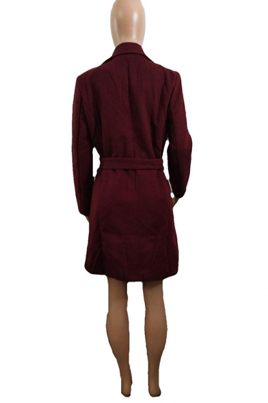 Plain Lapel Collar Tie Waist Longline Woolen Trench Coat with Pocket