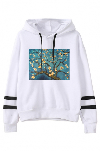 Famous Art Oil Painting Striped Long Sleeve White Hoodie for Women