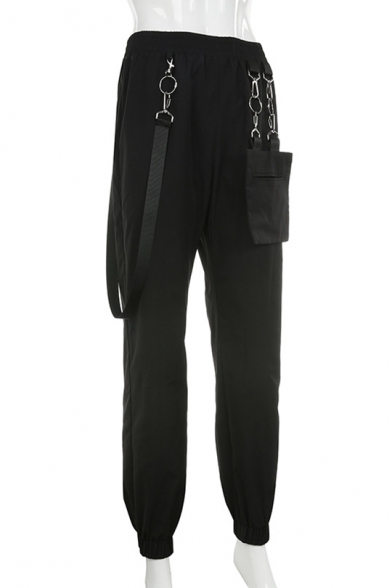 Hip Hop High Waist Irregular Chain Embellished Detachable Pocket Plain Cargo Pants