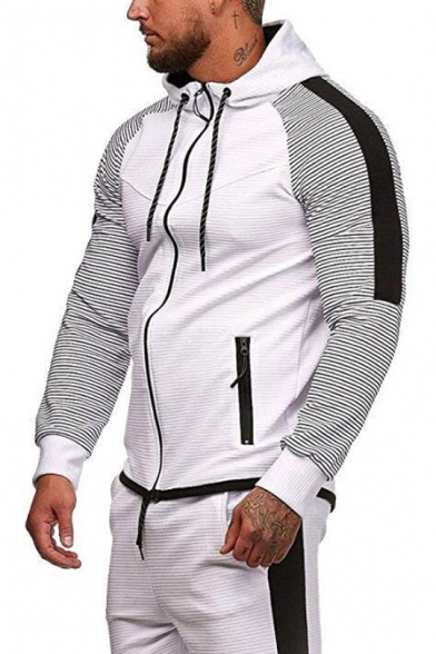 Colorblocked Stripe Panelled Slim Fit Zipper Sport Hoodie