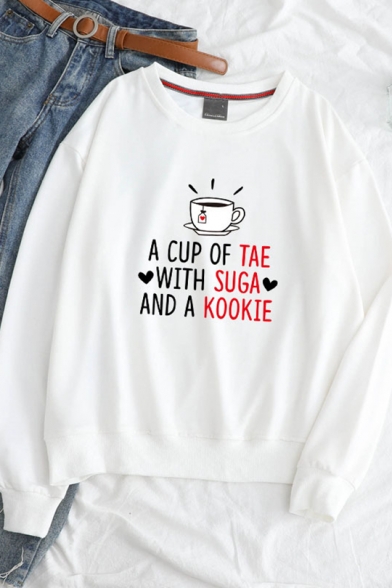 Lovely Letter A Cup Of Tea With Sugar And A Kookie Printed Front Long Sleeve Pullover Sweatshirt Beautifulhalo Com