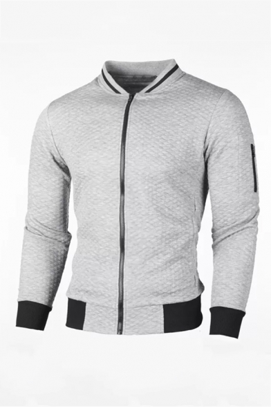 Men Fashion Stand Collar Plaid Embossing Zipper Slim Fit Sweatshirt
