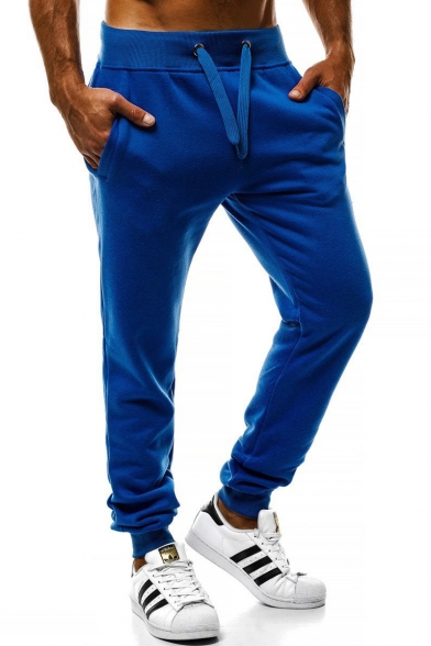 Mens Classic Tie-Belt Waist Solid Color Loose Sport Pants with Pocket
