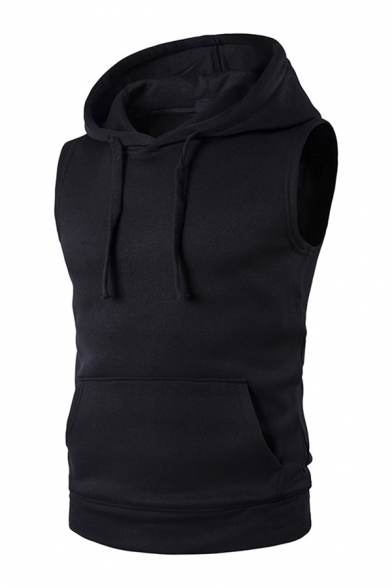 Mens Plain Casual Hooded Tank Top Drawstring Hoodie with Pocket
