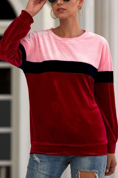 New Fashion Color Block Pleuche Round Neck Long Sleeve Pullover Sweatshirt