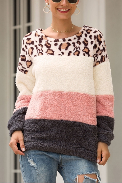 New Stylish Leopard Print Color Block Round Neck Long Sleeves Loose Fluffy Teddy Pullover Sweatshirt