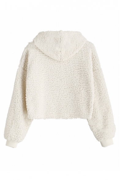New Trendy Plain Long Sleeve Warm Fluffy Fleece Crop Hoodie
