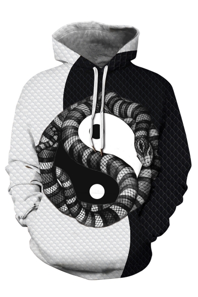 Unique Yin Yang Snake Printed Colorblocked Long Sleeve Pocket Embellished Unisex Hoodie