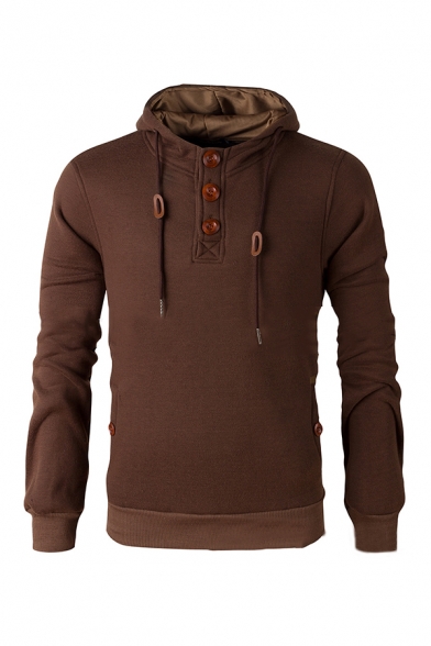 Winter Fashion Elbow Patch Long Sleeve Button Decoration Thick Henley Hoodie