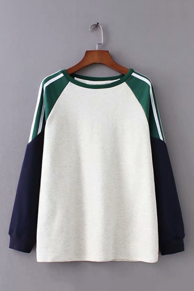 Color Contrast Stripe Splicing Long Sleeve Round Neck Oversized Sweatshirt for Women
