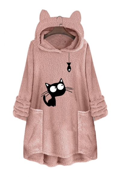 

Cute Cat Print Long Sleeves Ear Hooded Warm Fluffy Teddy Longline Hoodie, LM564688, Black;brown;burgundy;pink;royal blue;white;camel;gray;coffee