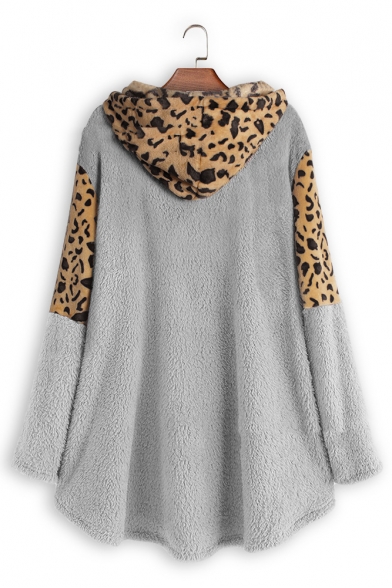 Fashionable Long Sleeve Color Block Leopard Printed Warm Fluffy Teddy Longline Hoodie