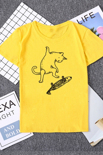 Funny Cat and Fish Printed Short Sleeve Round Neck Casual T-Shirt Top