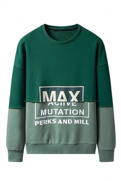 Men's Hot Trendy Letter MAX ACTIVE MUTATION Printed Long Sleeve Round Neck Fake Two-Piece Green Sweatshirt