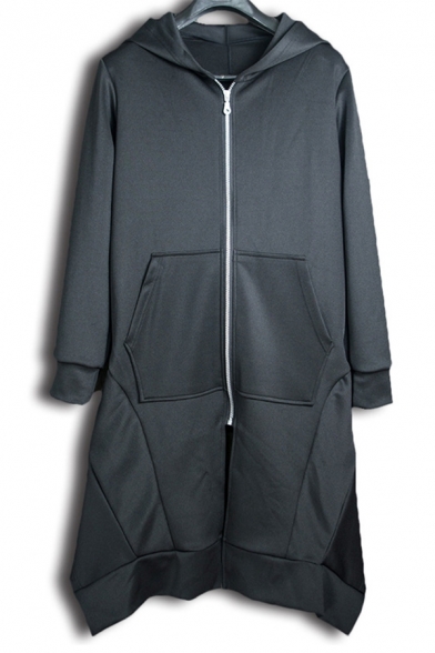 Men's New Fashion Simple Plain Long Sleeve Zipper Front Longline Nightclub Hoodie