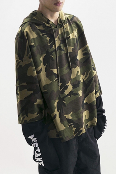 Mens Cool Camouflage Letter Printed Fake Two-Piece Long Sleeve Loose Fit Casual Sports Pullover Hoodie