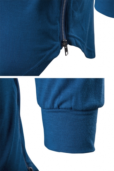 Mens Simple Long-sleeved Curved Hem Side Zipper Longline Drawstring Pullover Hoodie
