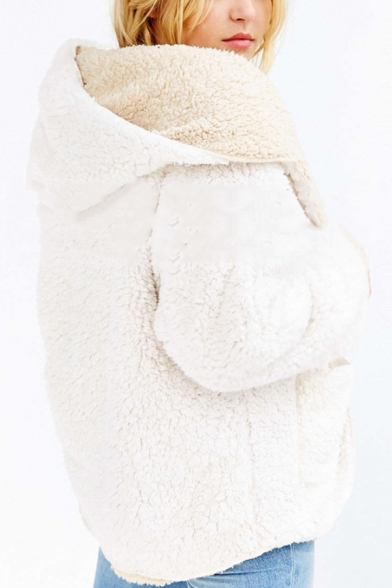 New Fashion Reversible Plain Long Sleeve Faux Fur Teddy Zip Up Hoodie