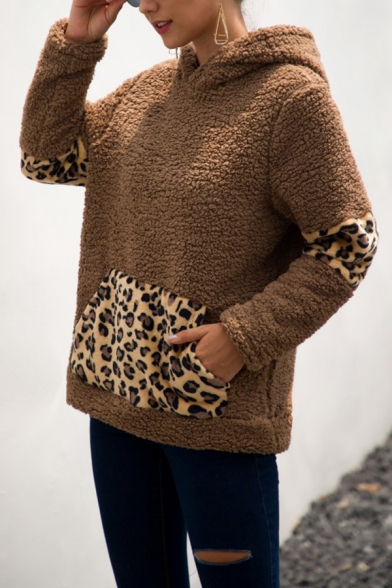 Stylish Winter Warm Faux Fur Teddy Leopard Printed Patchwork Long Sleeves Hoodie With Pocket