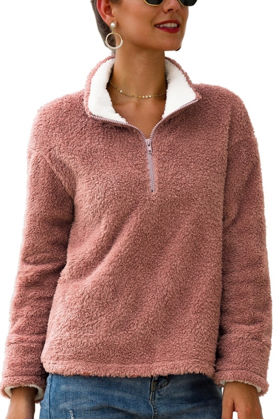 Women's Fashion Pink Warm Fluffy Stand Up Collar Half-Zip Plain Sweatshirt