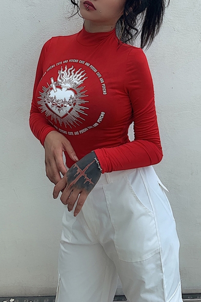 Women's Floral Heart Printed Mock Neck Long Sleeve Seamless Body Shaper Red Romper Bodysuit