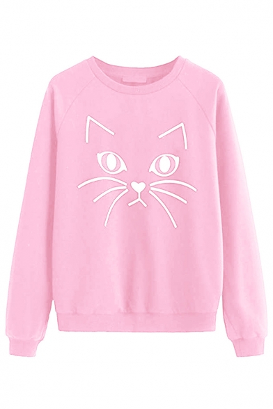 Girls Simple Cat Print Round Neck Long Sleeve Graphic Sweatshirt