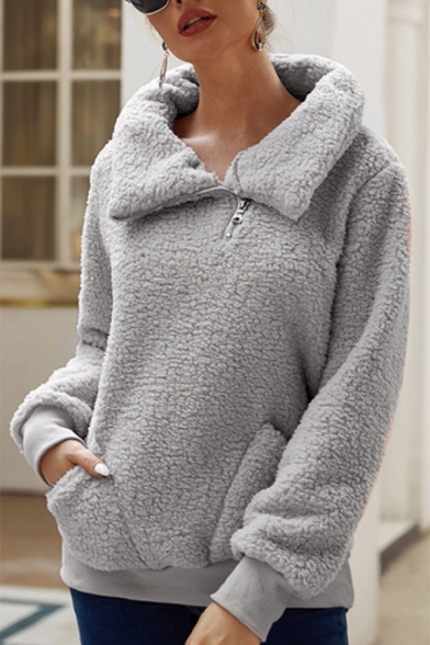 Hot Popular Plain Zipper Collared Leisure Fluffy Fleece Teddy Sweatshirt With Pockets