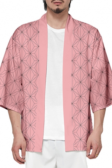 Japanese Style Check Pattern Open Front Cardigan Casual Kimono Jacket