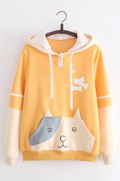 Lovely Dog Pattern Paneled Pocket Colorblocked Long Sleeve Pullover Hoodie for Students
