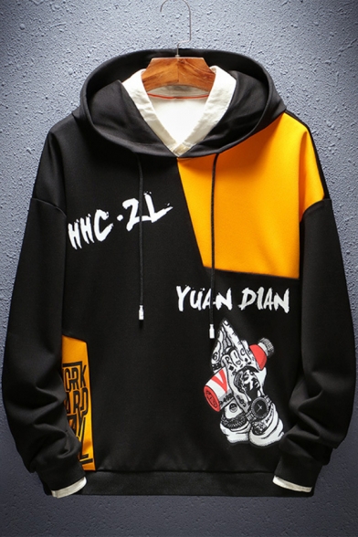 Men's New Arrival Letter YUAN DIAN Hand Print Long Sleeve Casual Loose Drawstring Hoodie