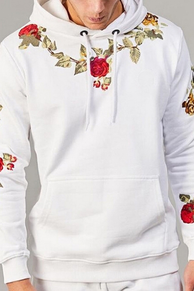 Mens Flower Embroidery Long Sleeve Drawstring Casual Pullover Hoodie