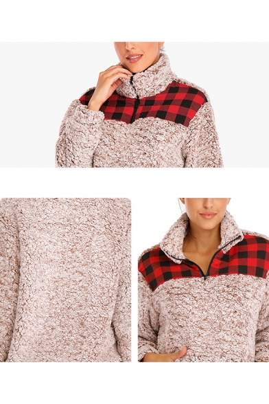 New Fashion Plaid Print Half-Zip Stand Collar Long Sleeve Color Block Fluffy Teddy Pullover Sweatshirt