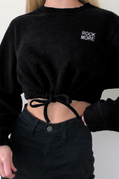 ROCK MORE Letter Embroidered Round Neck Long Sleeve Black Teddy Crop Sweatshirt