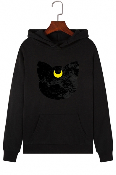 Starry Sky Moon Cat Printed Long Sleeve Pullover Casual Hoodie with Pocket