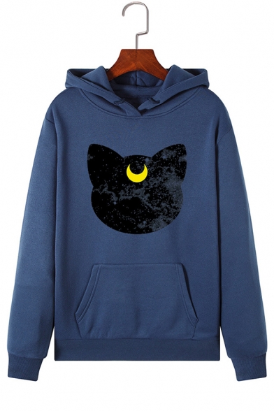 Starry Sky Moon Cat Printed Long Sleeve Pullover Casual Hoodie with Pocket