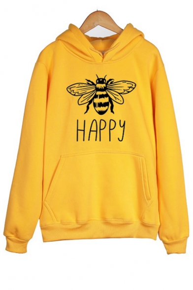 Winter Simple HAPPY Bee Pattern Long Sleeve Plain Thick Hoodie with Pocket